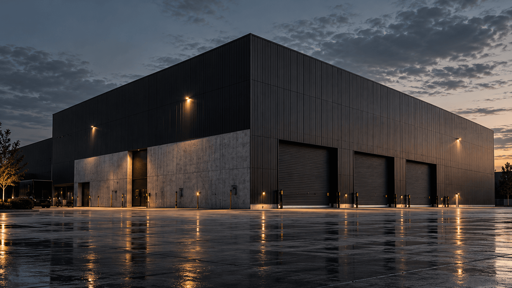 Westpoort Logistics Hall at dusk, dark ribbed cladding above concrete panels and three loading doors