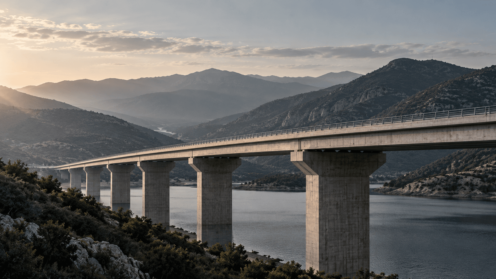 Krka Valley Viaduct, a concrete road deck on tall piers crossing a reservoir between mountains