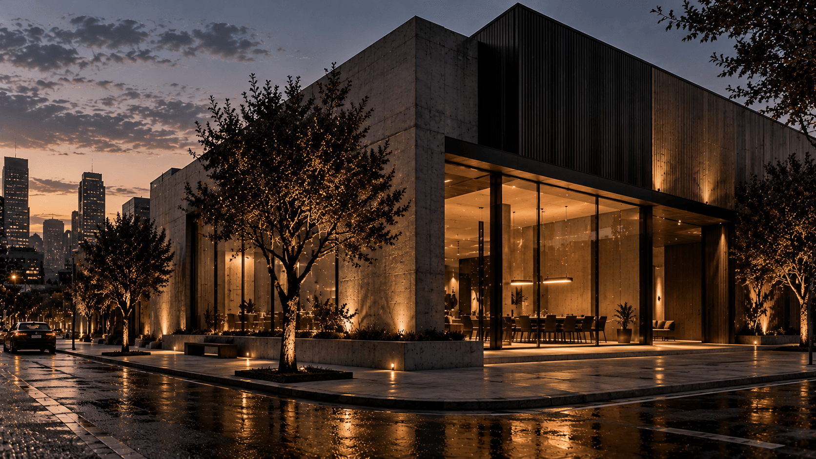 Zuidas Pavilion at dusk, a concrete and dark-ribbed corner building with a glazed, lit restaurant on a wet street