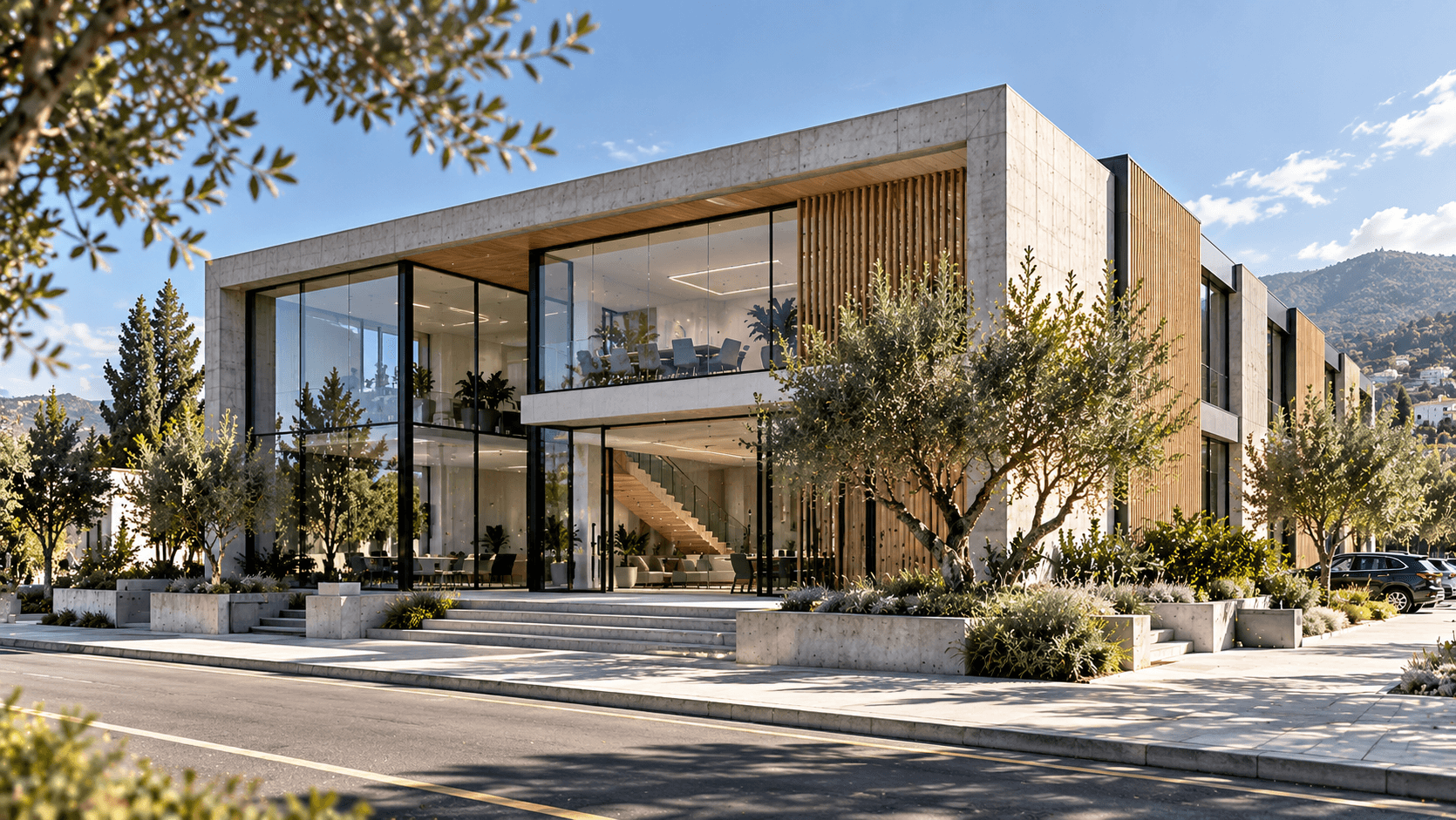 Olivar House in sunshine, a concrete-framed office with full-height glazing, timber fins and olive trees along the street
