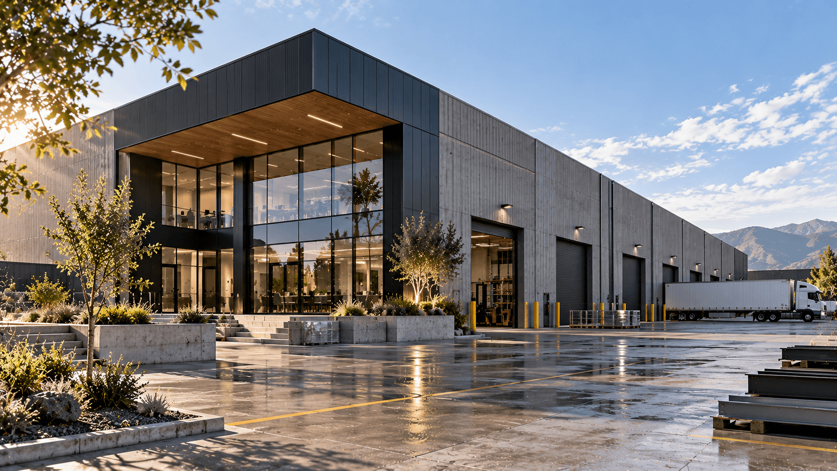 Brenner Distribution Centre, a long grey precast hall with loading doors and a glazed two-storey office block under a timber soffit