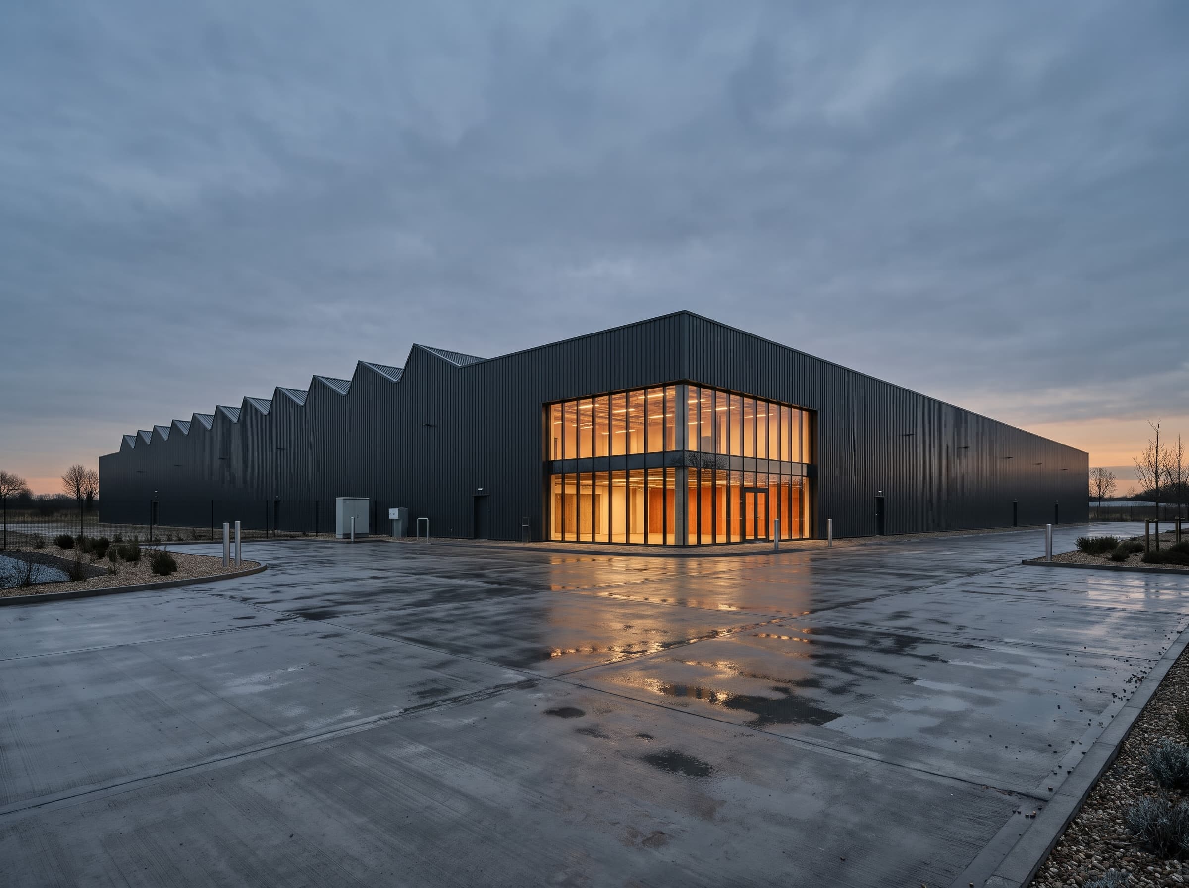 Brightwater Works at dusk, a long sawtooth-roofed plant in dark steel with a lit glazed entrance block