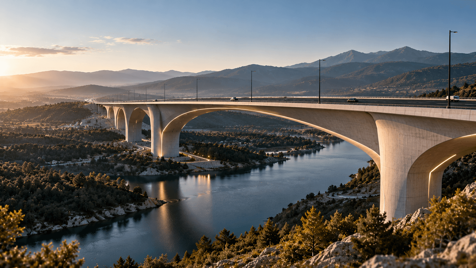 Verdon Viaduct at sunset, a pale concrete road bridge on tall arched piers crossing a river gorge between pine-covered hills