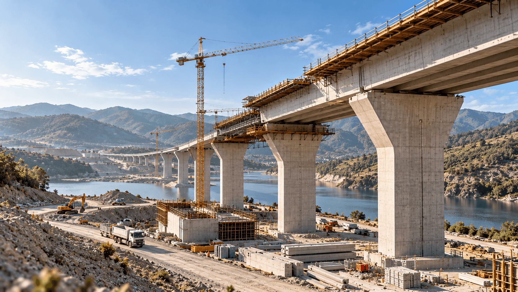 Cetina Viaduct under construction, tall concrete piers carrying a new deck over a reservoir with tower cranes and formwork beside them