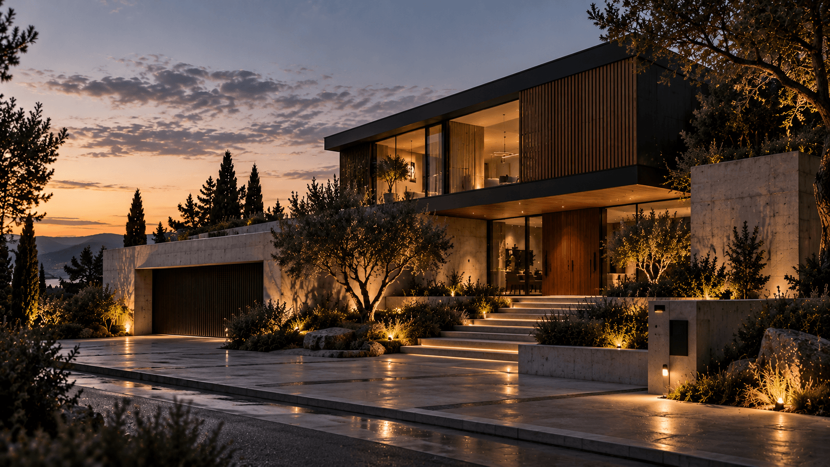 Casa Brava at dusk, a concrete and timber house with a lit glazed upper floor, olive trees and steps rising from the drive