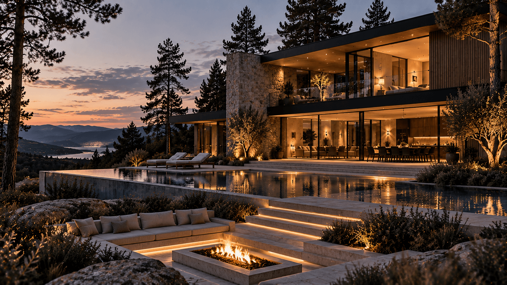 Pinewood House at dusk, a two-storey glass and timber house among pines above an infinity pool and a sunken fire terrace