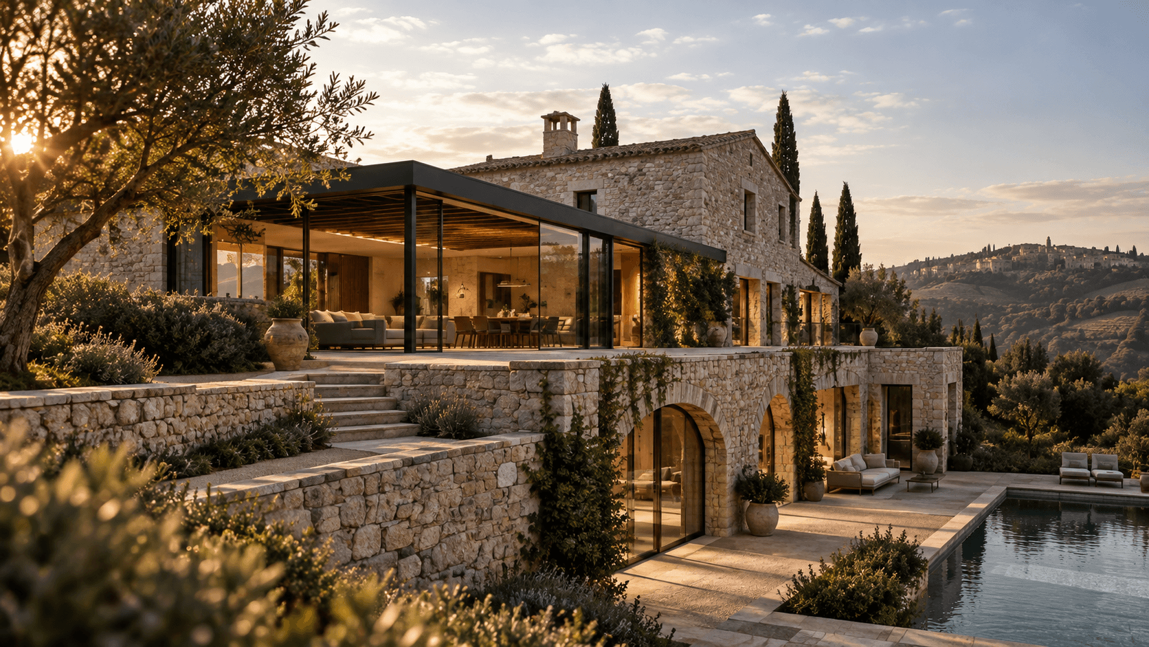 Mas des Oliviers at sunset, a restored stone farmhouse with arched vaults, a new glass pavilion and a pool below a hilltop village