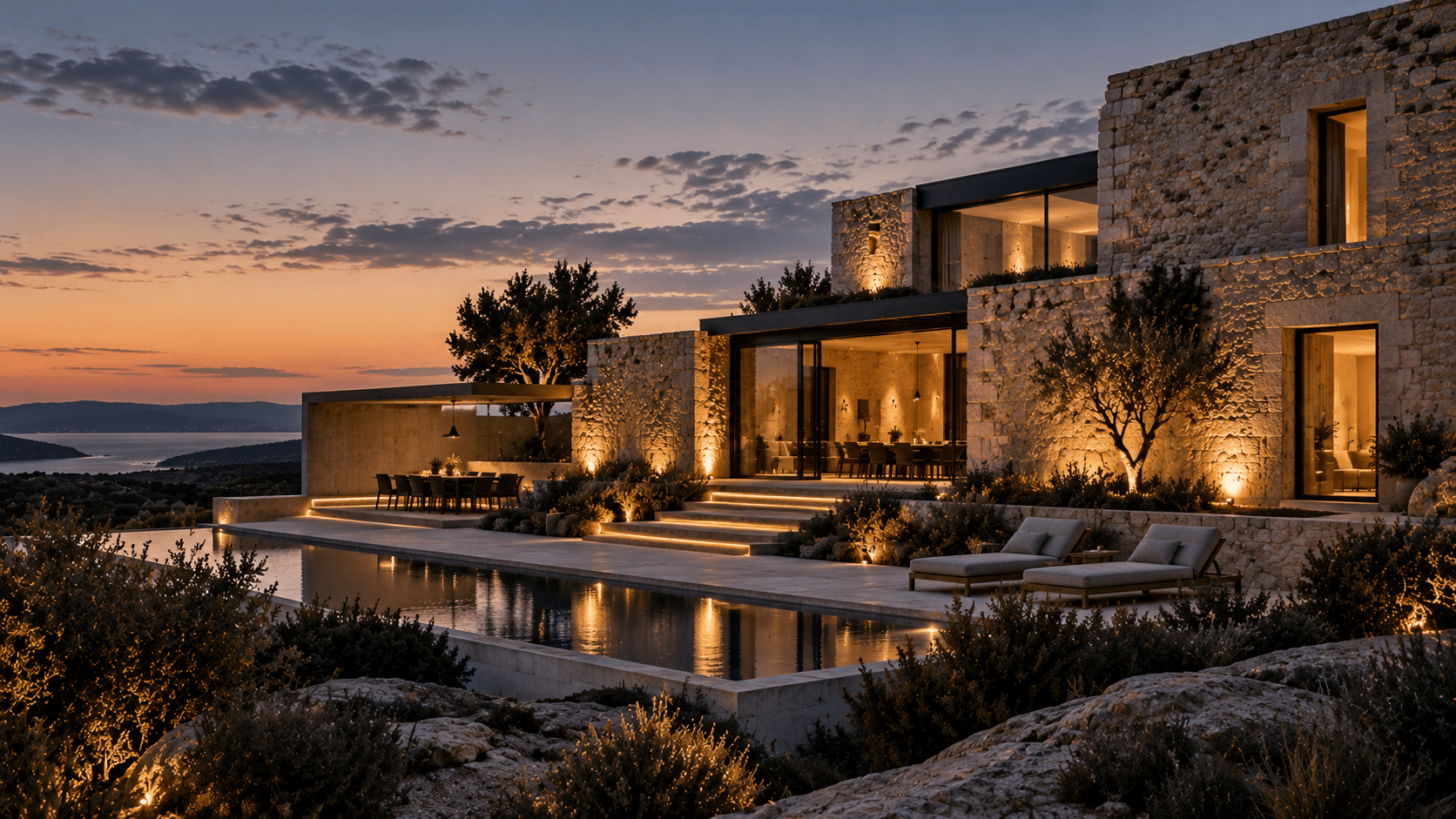 Kamena Kuća at dusk, restored rubble-stone walls joined to new glazed rooms above a pool facing the sea