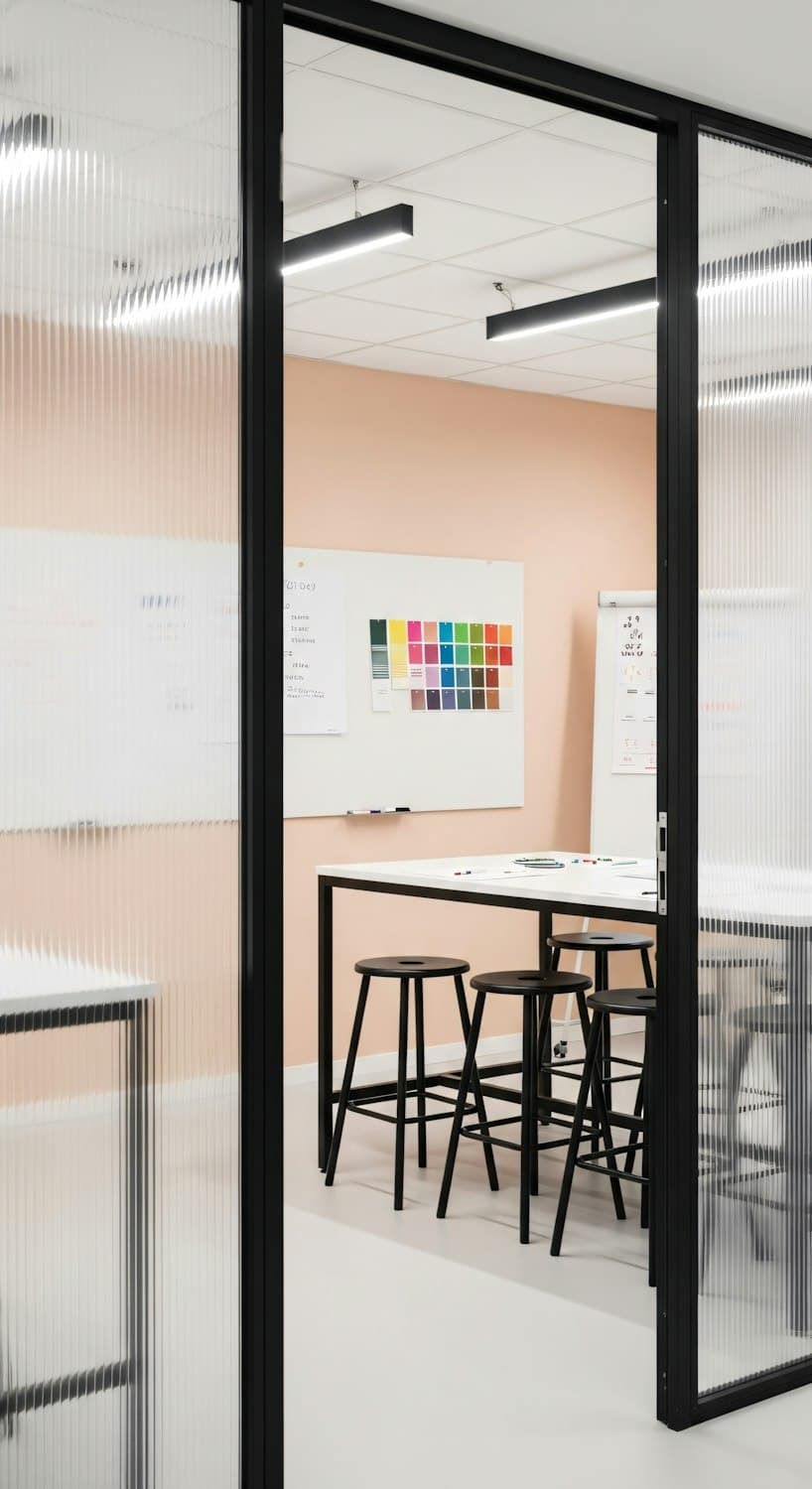Meeting room behind a ribbed glass partition with a long table and black stools