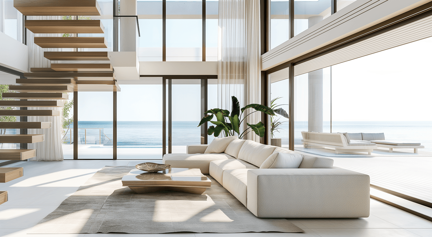 Double-height living room with a floating oak stair and full-height glazing onto the sea