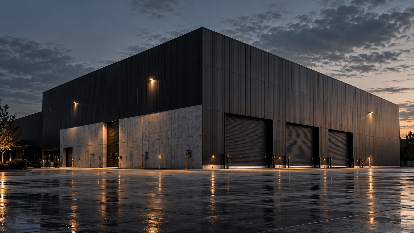 Westpoort Logistics Hall at dusk, dark ribbed cladding above concrete panels and three loading doors