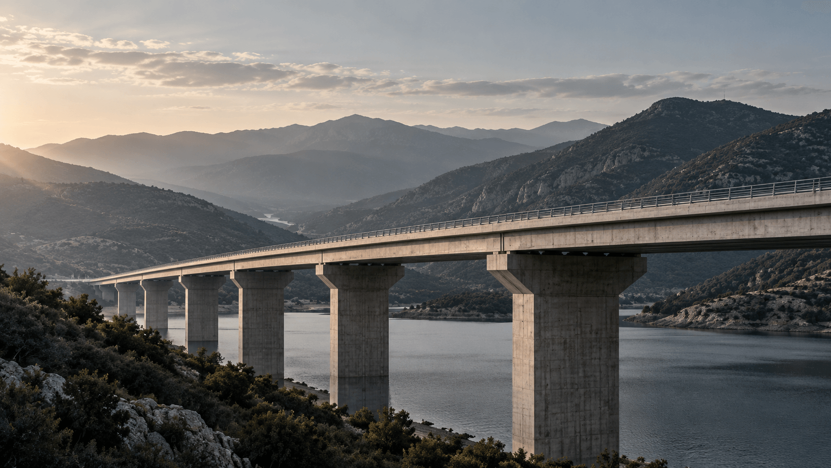 Krka Valley Viaduct, a concrete road deck on tall piers crossing a reservoir between mountains