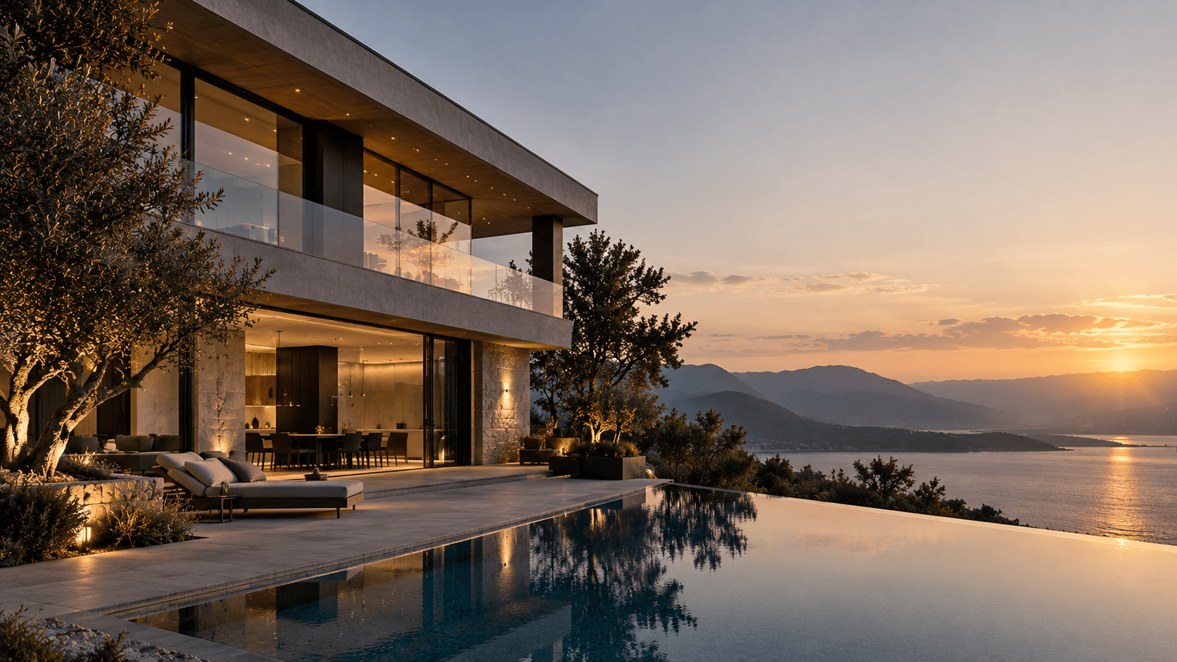 Villa Ostra at sunset, stone and glass above the sea beside an infinity pool