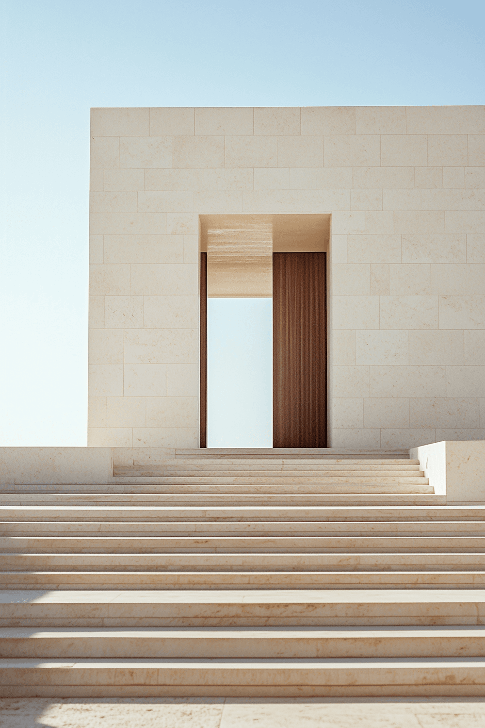 Pale limestone wall with a tall timber door above a wide flight of stone steps